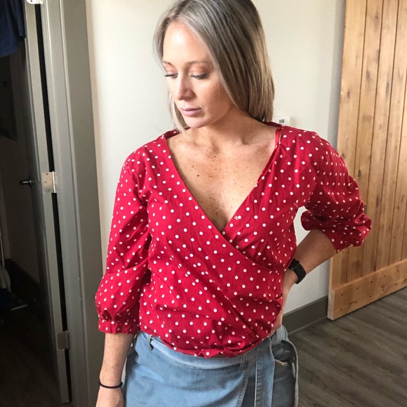 Red Polkadot low cut blouse 🎒 - Picture 1 of 3